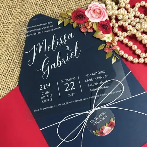 Convite Casamento Transparente Floral e Envelope Azul