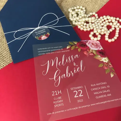 Convite Casamento Transparente Floral e Envelope Azul