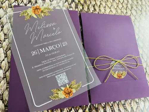 Convite Transparente Flores Terracota Envelope Vinho