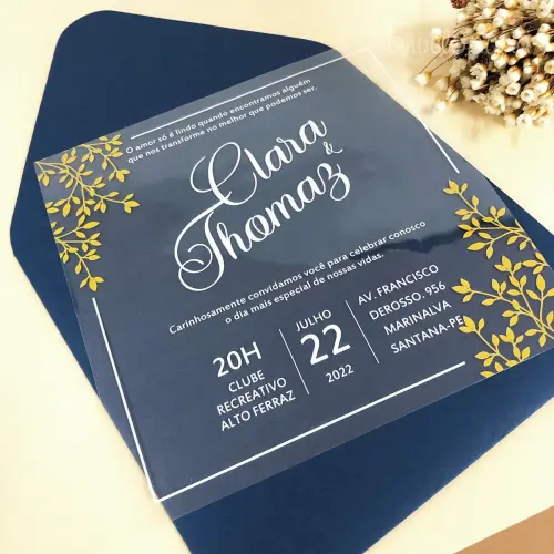 Convite Transparente Branco, Dourado e Azul - Golden Night