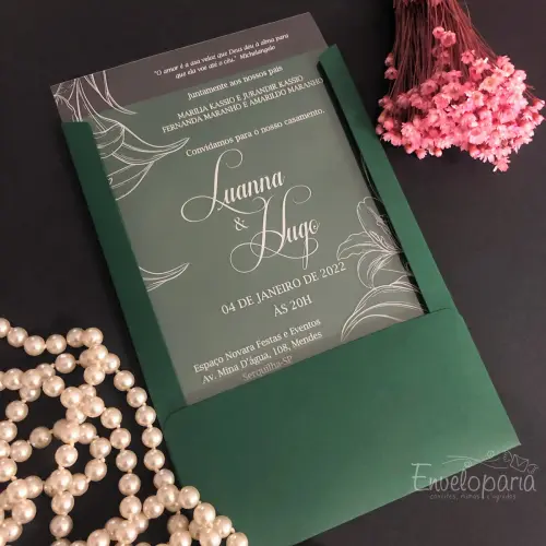 Convite Transparente Floral Branco Envelope Verde