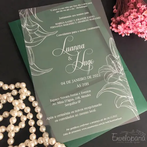 Convite Transparente Floral Branco Envelope Verde