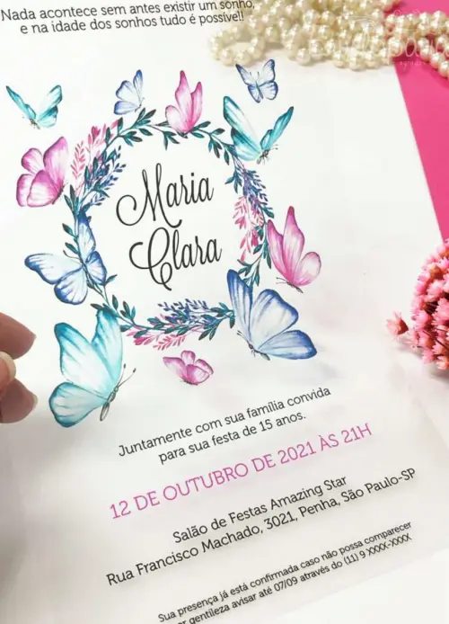 Convite 15 Anos Transparente Borboletas