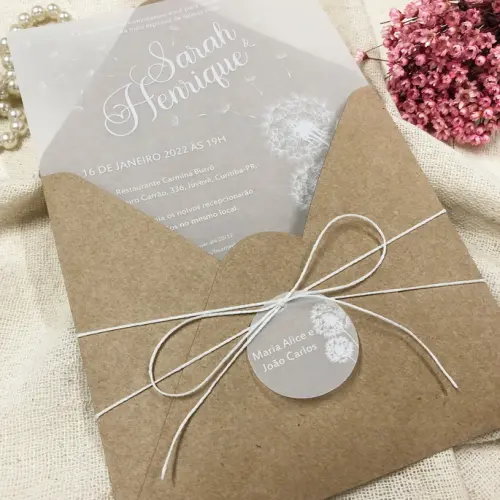 Convite Vegetal em Branco Envelope Kraft Dente de Leão