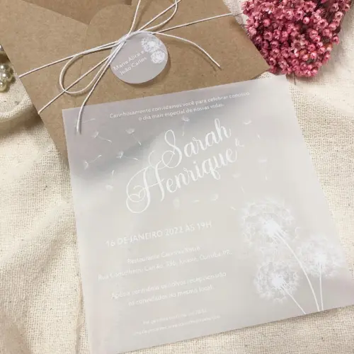 Convite Vegetal em Branco Envelope Kraft Dente de Leão