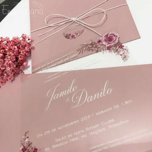 Convite Transparente Impressão Branca Rosas Envelope Rosé