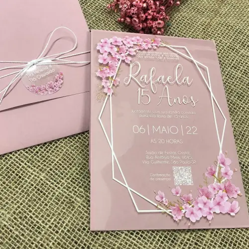 Convite Transparente 15 Anos Cerejeiras Envelope Rosé