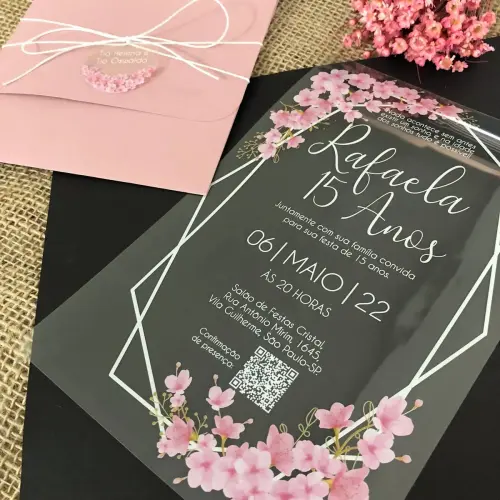 Convite Transparente 15 Anos Cerejeiras Envelope Rosé