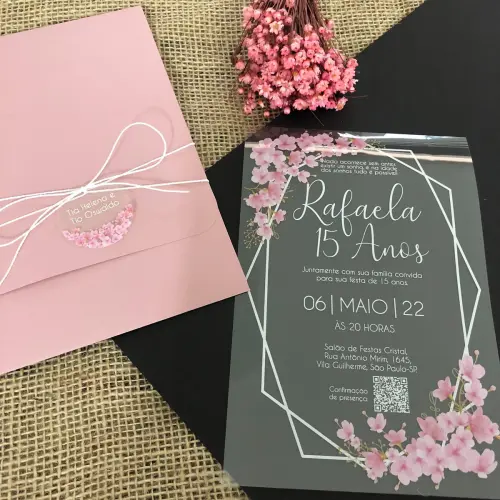 Convite Transparente 15 Anos Cerejeiras Envelope Rosé