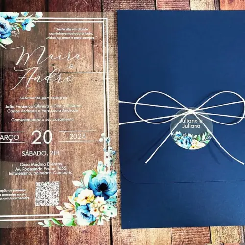 Convite Transparente Flor Azul, Amarelas e Folhagens