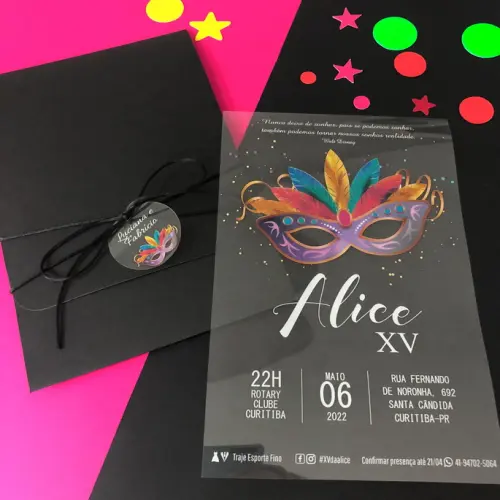 Convite Transparente Debutante Baile de Máscaras