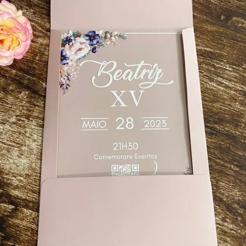 Convite 15 Anos Transparente Floral Rosé e Azul