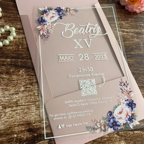 Convite 15 Anos Transparente Floral Rosé e Azul