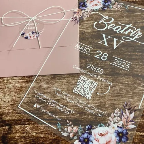 Convite 15 Anos Transparente Floral Rosé e Azul