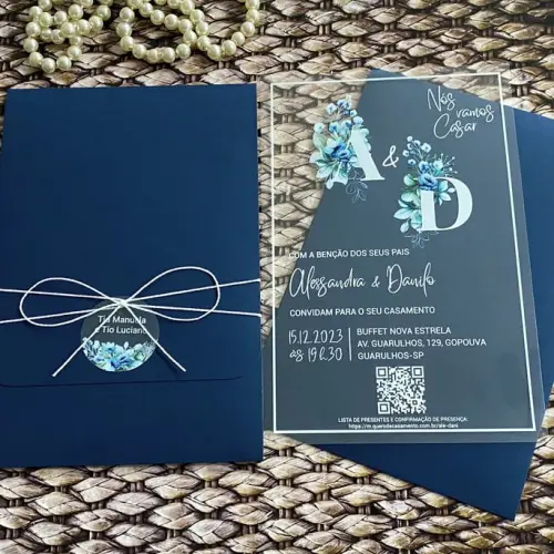 Convite Casamento Transparente Flor Azul