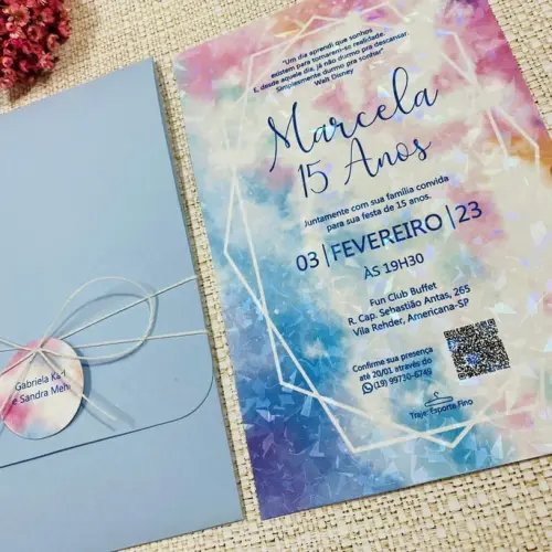 Convite 15 Anos Aquarela Holográfico