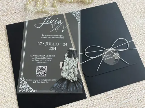 Convite 15 Anos Transparente Menina Vestido Preto