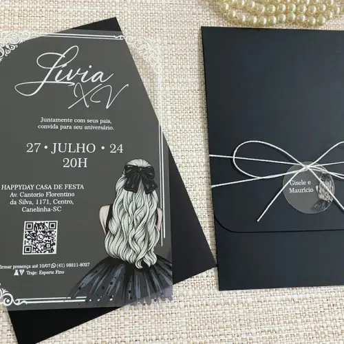 Convite 15 Anos Transparente Menina Vestido Preto