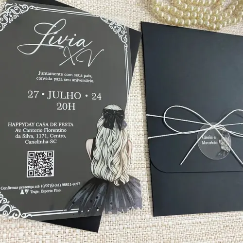 Convite 15 Anos Transparente Menina Vestido Preto