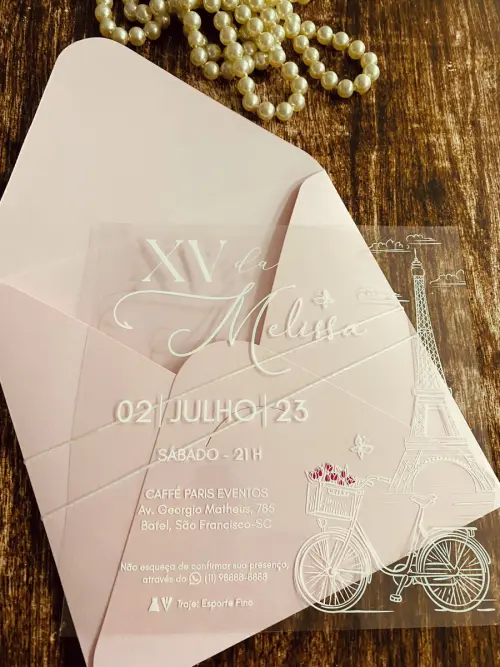 Convite Transparente 15 Anos Paris Envelope Rosa