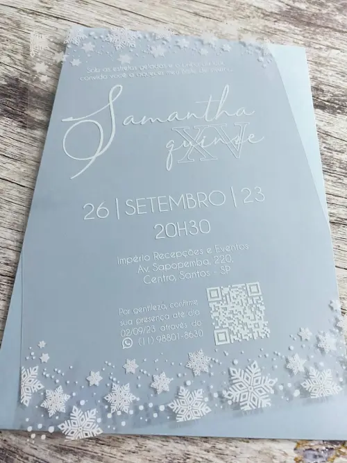 Convite 15 Anos Transparente Flocos de Neve