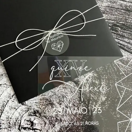 Convite 15 Anos Transparente Geométrico Envelope Preto