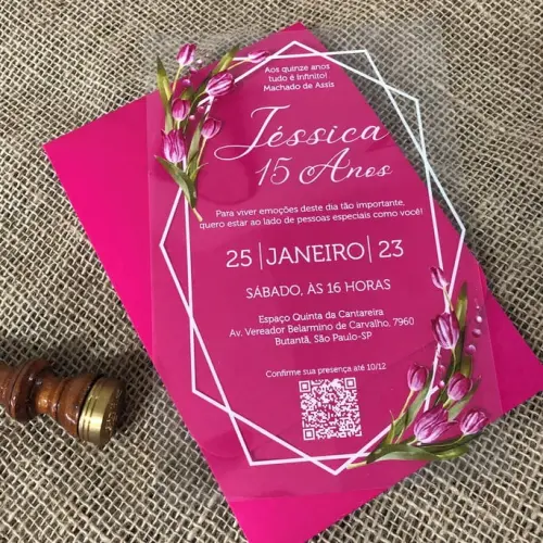 Convite Transparente 15 Anos Tulipas Envelope Pink Fucsia
