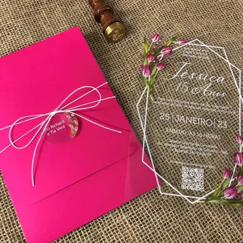 Convite Transparente 15 Anos Tulipas Envelope Pink Fucsia