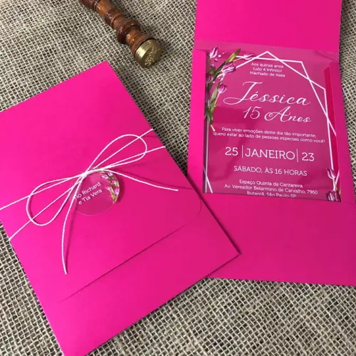 Convite Transparente 15 Anos Tulipas Envelope Pink Fucsia