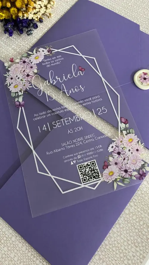 Convite Transparente 15 Anos, Flores Lilás e Lacre de Cera
