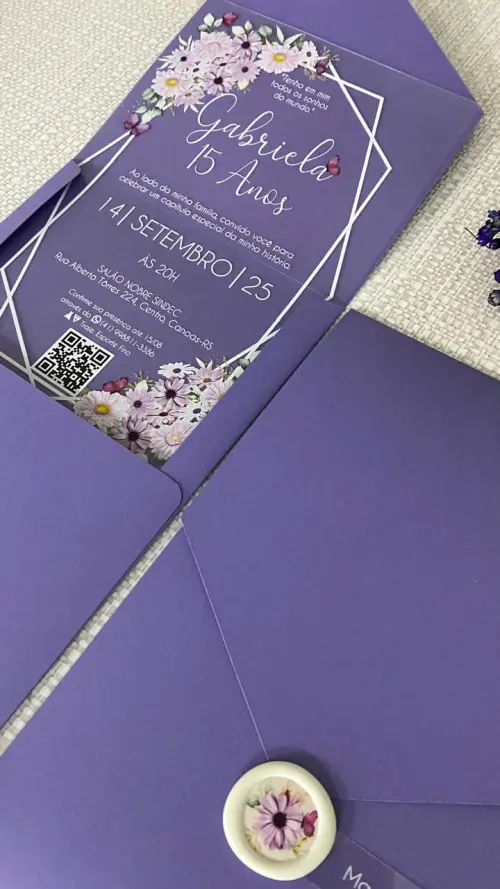Convite Transparente 15 Anos, Flores Lilás e Lacre de Cera