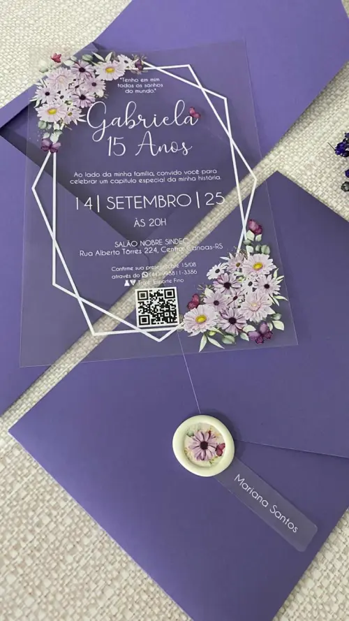 Convite Transparente 15 Anos, Flores Lilás e Lacre de Cera