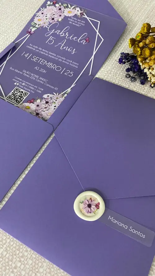 Convite Transparente 15 Anos, Flores Lilás e Lacre de Cera