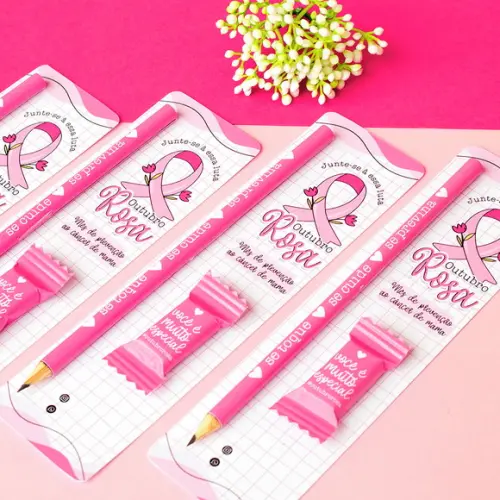 25 Cards com Lápis e Bala Outubro Rosa