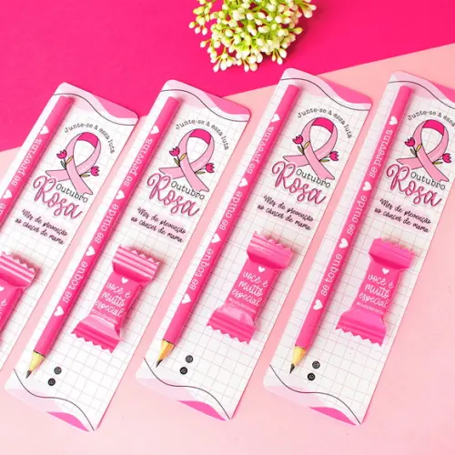 25 Cards com Lápis e Bala Outubro Rosa