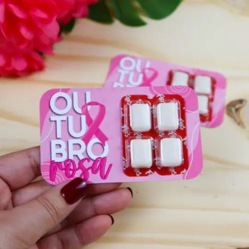 70 Cards com Chicletes Outubro Rosa