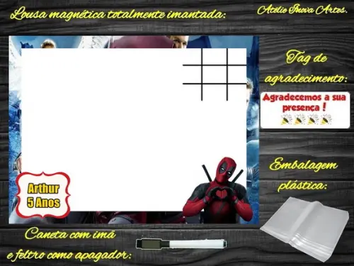 Lousa Magnética + Jogo da Velha Deadpool com Embalagem