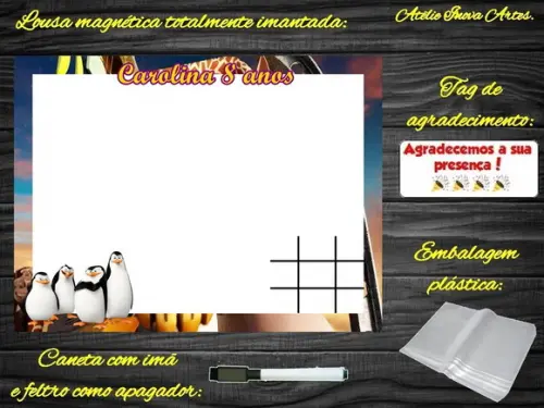 Lousa Magnética + Jogo da Velha Madagascar com Embalagem
