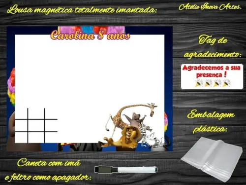 Lousa Magnética + Jogo da Velha Madagascar com Embalagem