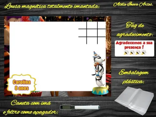 Lousa Magnética + Jogo da Velha Madagascar com Embalagem