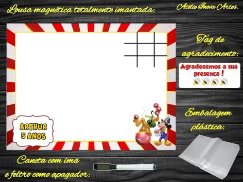Lousa Magnética + Jogo da Velha Mickey Circo com Embalagem