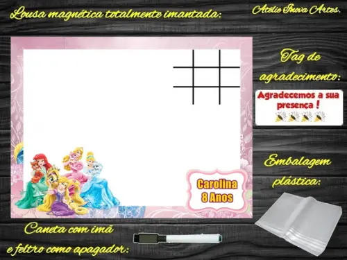 Lousa Magnética + Jogo da Velha Princesas da Disney com Emb.