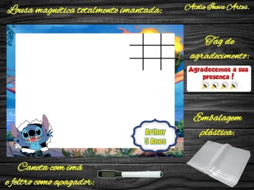 Lousa Magnética + Jogo da Velha Stitch com Embalagem