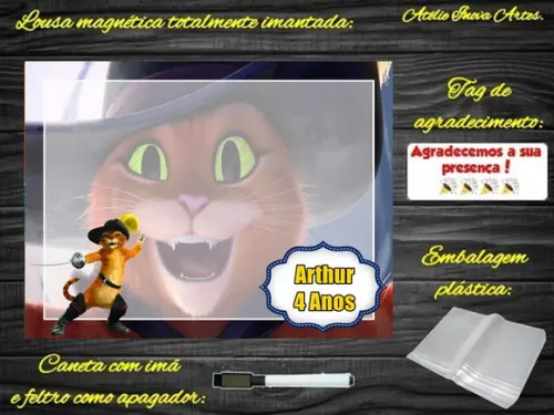 Lousa Magnética Gato de Botas com Embalagem