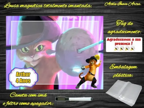 Lousa Magnética Gato de Botas com Embalagem