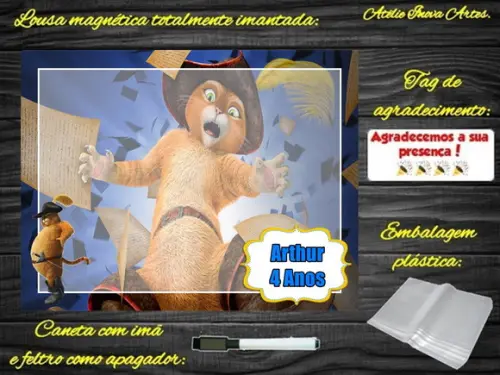 Lousa Magnética Gato de Botas com Embalagem