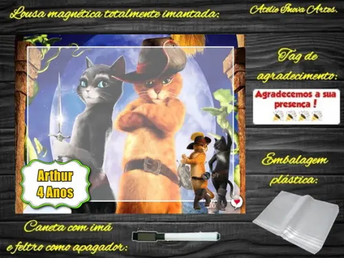 Lousa Magnética Gato de Botas com Embalagem