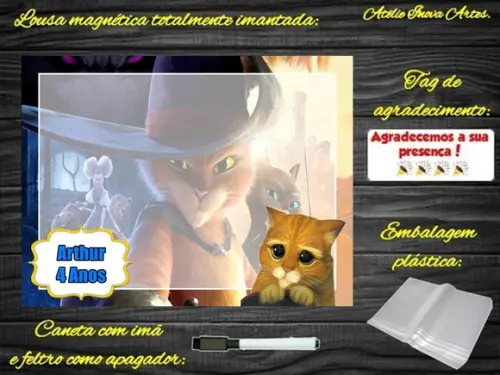 Lousa Magnética Gato de Botas com Embalagem