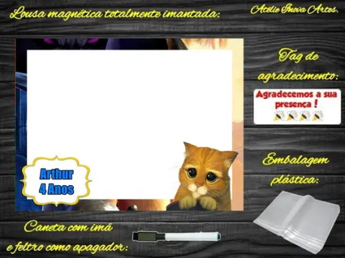 Lousa Magnética Gato de Botas com Embalagem