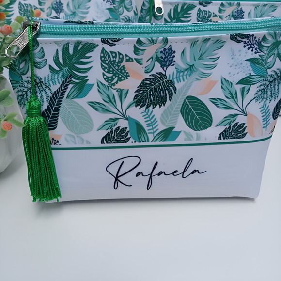 Necessaire Personalizada Floral, Verde Tropical com Nome